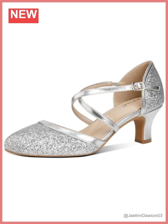 Shoes - Women's Glitter Mary Jane Pumps, 2.35" Mid Heel Dress Shoes, Cross Strap Heels